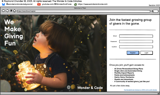 user registration screen, picture of boy holding lamp and registration form on right side