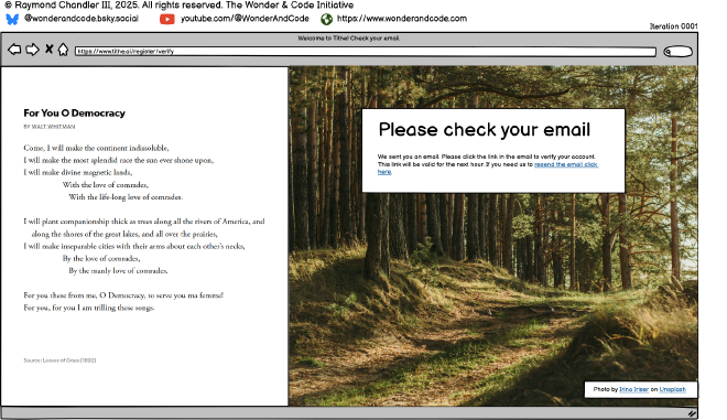 a poem by walt whitman and a prompt for the user to check their email